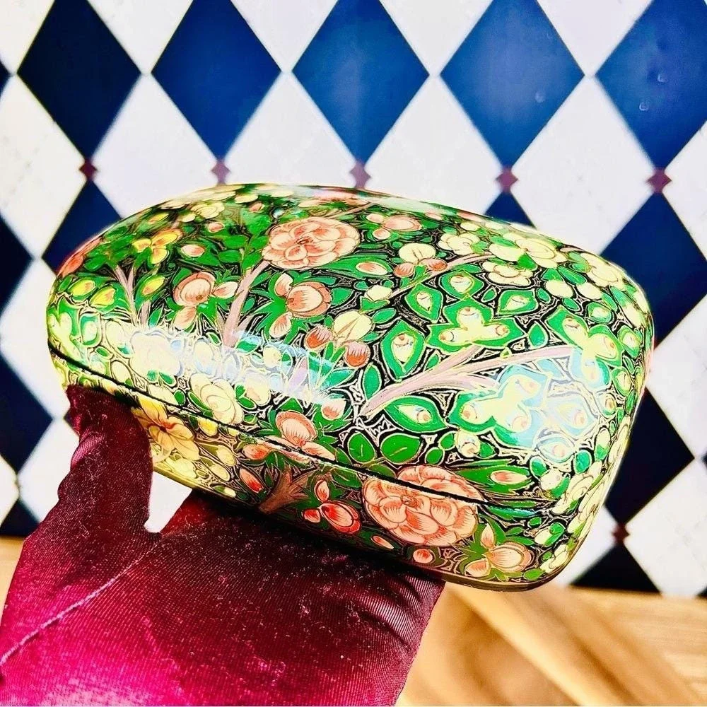 Boho‎ Lacquer Lidded Box Handpainted Kashmiri: Florals Gold, Red Green India 7